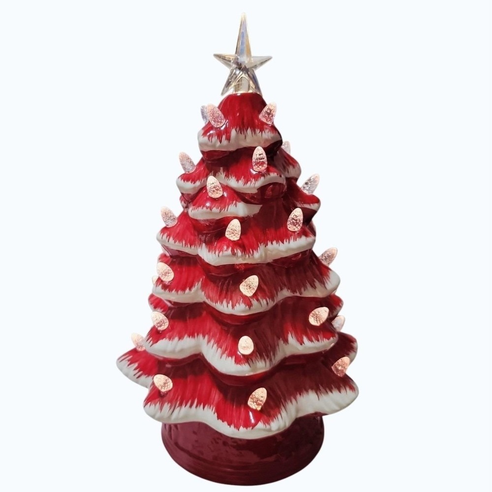 Red White Ceramic Light Up Christmas‎ Tree Clear Star Topper Battery Timer Model